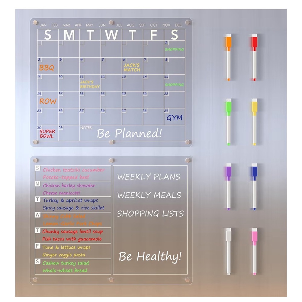 Acrylic Magnetic Dry Erase Monthly & Weekly Calendar for Fridge w/ 8 markers